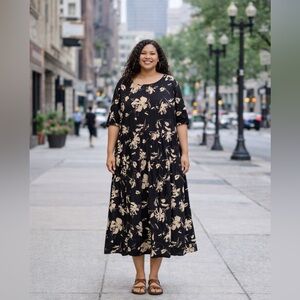 Plus Size 3X Black Floral Tiered Midi Dress Boho Cotton NWT Flowy Casual